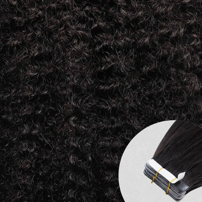 Close-up of natural black coily tape-in hair extensions
