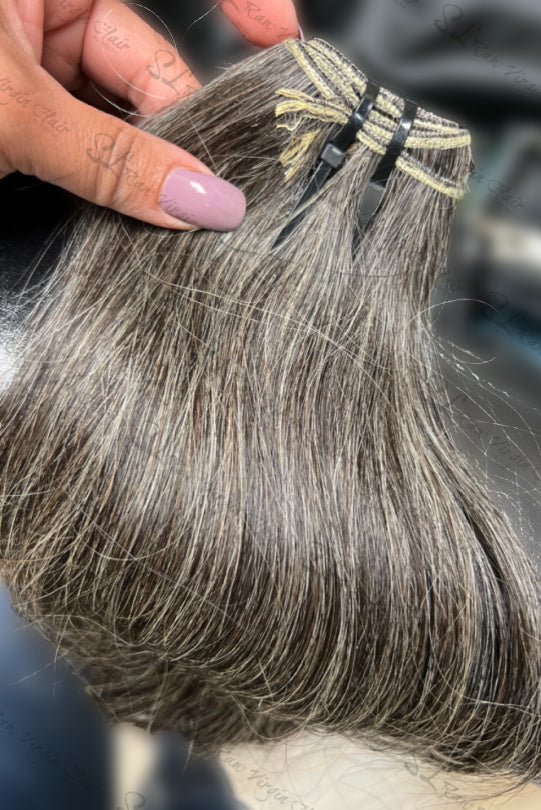 #1 Best Seller Salt and pepper gray hair weft bundle with a natural hair mix blend. Sold only at SL Raw Virgin Hair