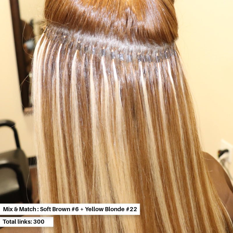 Blonde hair woman Before and after I-tip results using Seamless micro link install by Stylist Lee using 20" Yellow Blonde #22 & Soft brown Seamless Straight I-Tip Hair Extensions (135g)