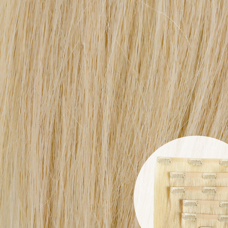 Close-up of blonde seamless clip-in hair extensions by SL Raw Virgin Hair