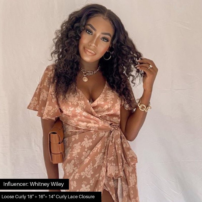 Lifestyle image with Whitney wearing Loose Curly Hair extensions by SL Raw Virgin Hair