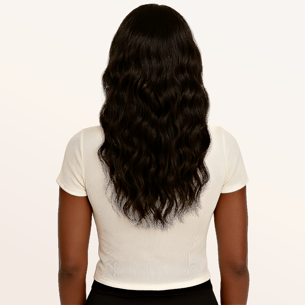 Woman back view wearing Raw Indian wavy clip-in hair extensions by SL Raw Virgin Hair