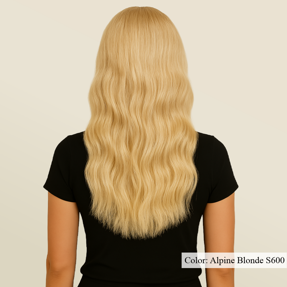 Model wearing Organic K-Tips in color Alpine Blonde - SL Raw Virgin Hair Extensions