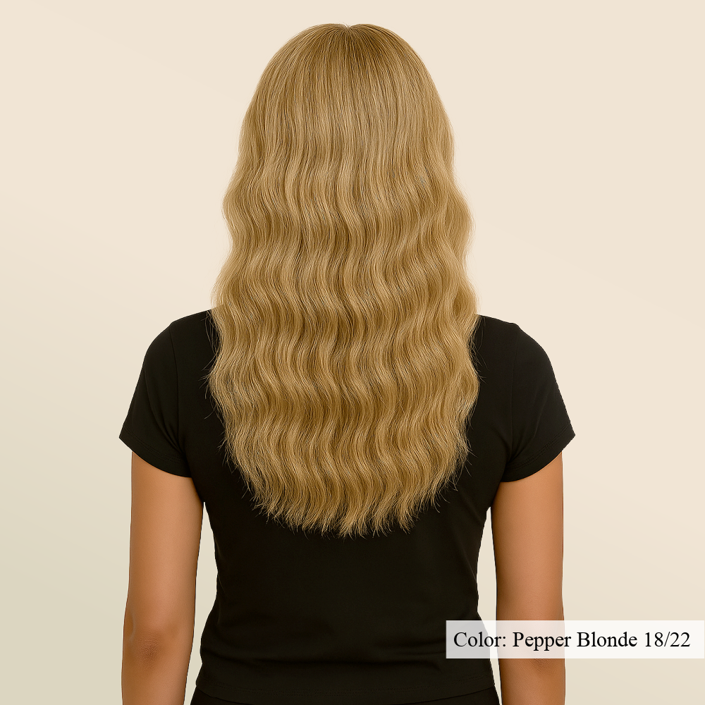 Model wearing Organic K-Tips in color Pepper Blonde - SL Raw Virgin Hair Extensions