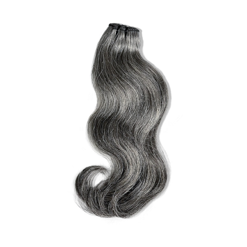 SL Raw Virgin Salt and Pepper Gray Vietnamese Hair Bundles, slight wave, perfect for sew-in or pronto weaves.