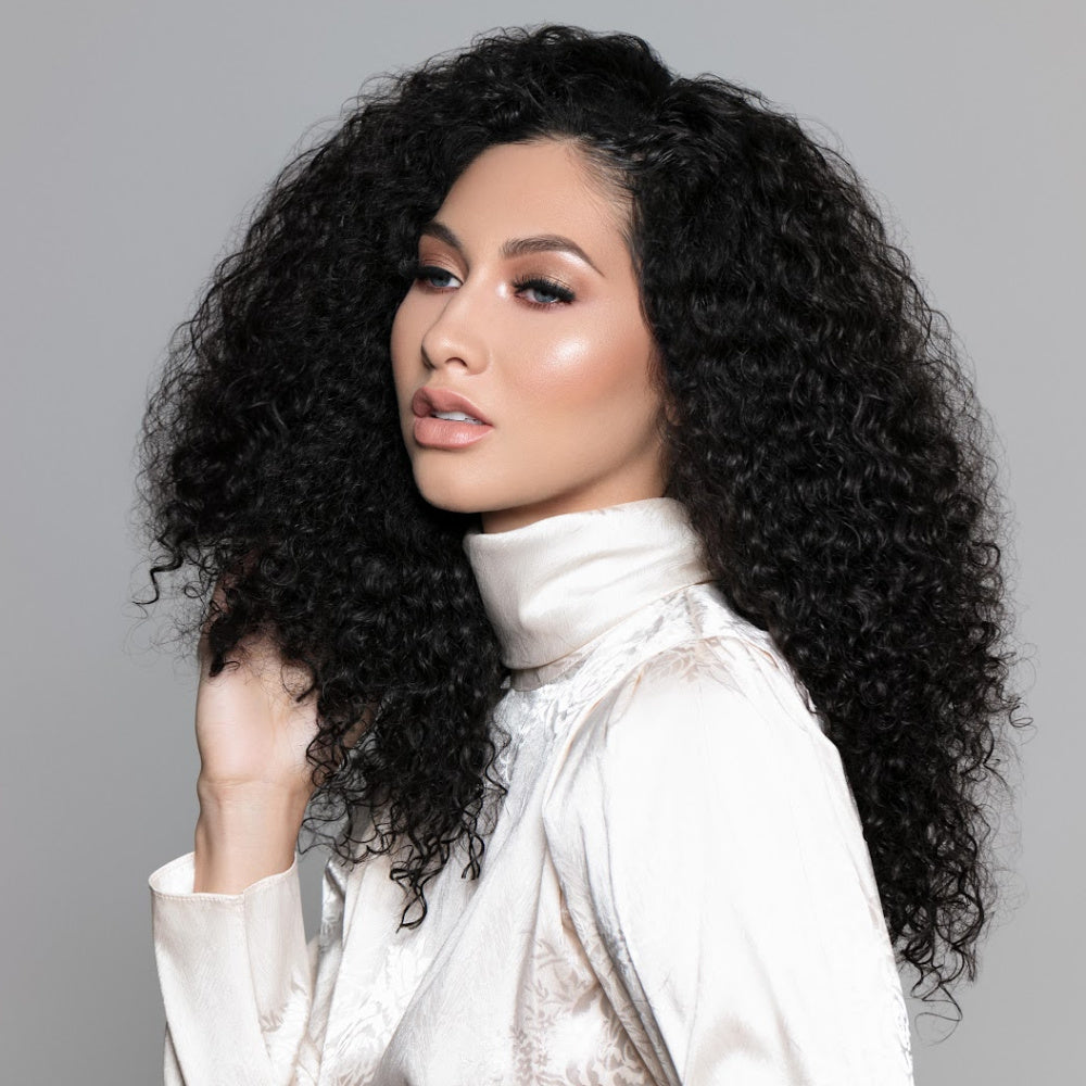 SL Raw Virgin Hair Model Wearing Raw Burmese Curly Hair Wig behind the hairline from The Fit and Go Collection
