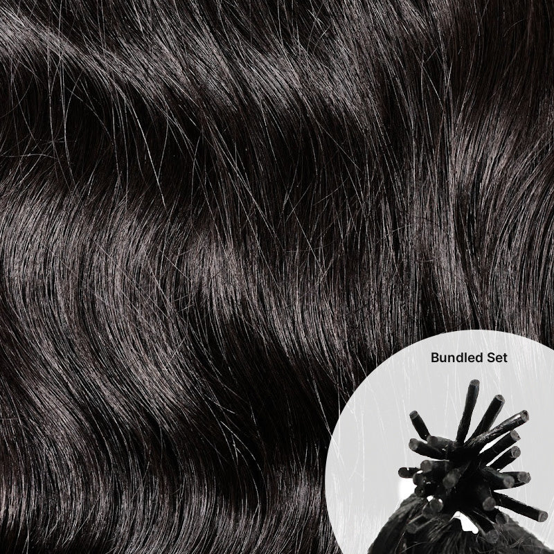 Close-up of Microlink Bundle Set · Raw Indian Wavy natural black hair with a small inset showing an I-tip hair bundle labeled 'Bundled Set'.
