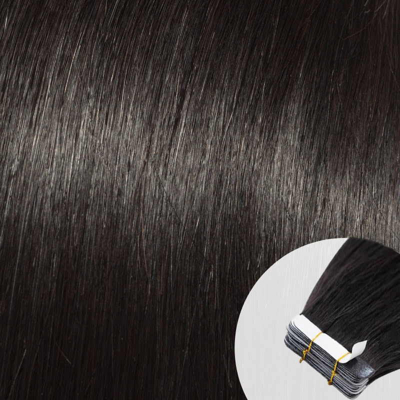 Close-up of raw natural straight hair tape-in extensions by SL Raw Virgin Hair.