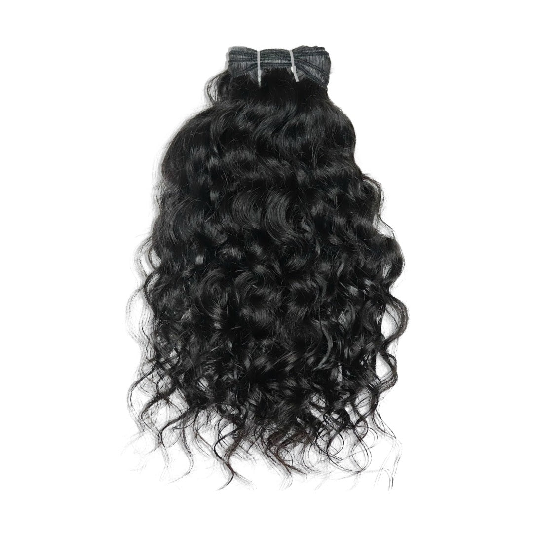 Raw Indian Loose Curly Hair Weft, 2A-2B, Natural Black #1B, 100g, 12”-26” lengths, soft texture with minimal frizz.