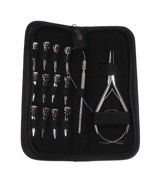 Hair extensions tool kit storage case with pliers, pulling hook, and clips for micro links sold SL Raw Virgin Hair