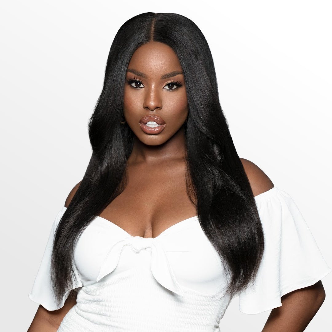 SL Raw Virgin Hair Kinky Straight Extensions styled on a model, featuring a blowout texture for a voluminous and natural look.
