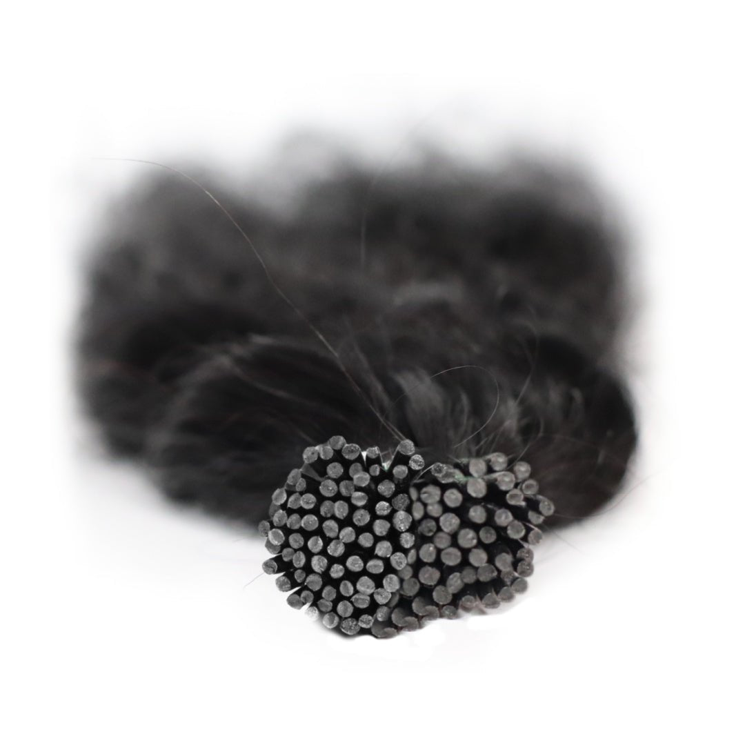 Image of Raw Indian Curly I-tip hair extensions for fusions and micro-link hair applications. Hair color #1B. Sold as 150 strands per pack.