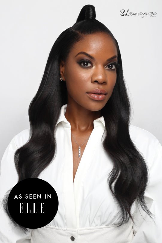 Best selling SL Raw Natural Wavy Hair for sew in featured in Elle. Woman wearing SL Raw Natural Wavy Hair extensions in length 22-inches. hair color #1b.