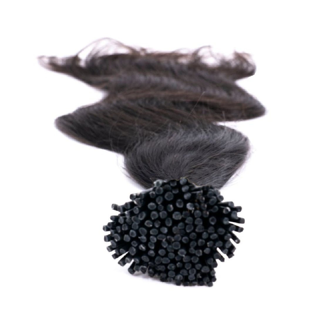 Raw Indian Wavy I-tip hair extensions for fusions and micro-link hair applications. Hair color #1B. Sold as 150 strands per pack.