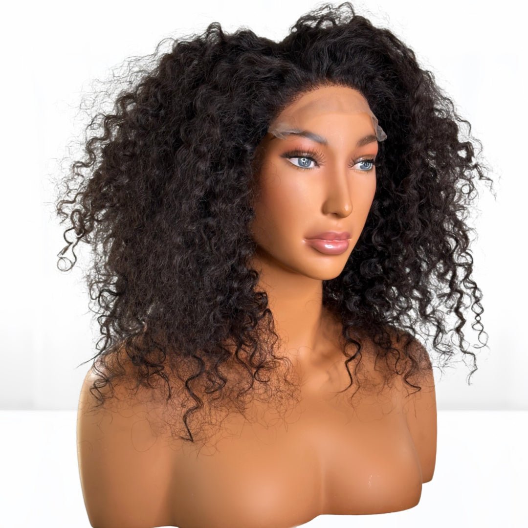 SLRVH 16" Burmese Curly Natural Black Fit 'N' Go wig with a 6x6 Lace closure. Free parting hair. Beautiful natural hairline. This Wig so easy to apply on for everyday wear and to install behind the hair line..