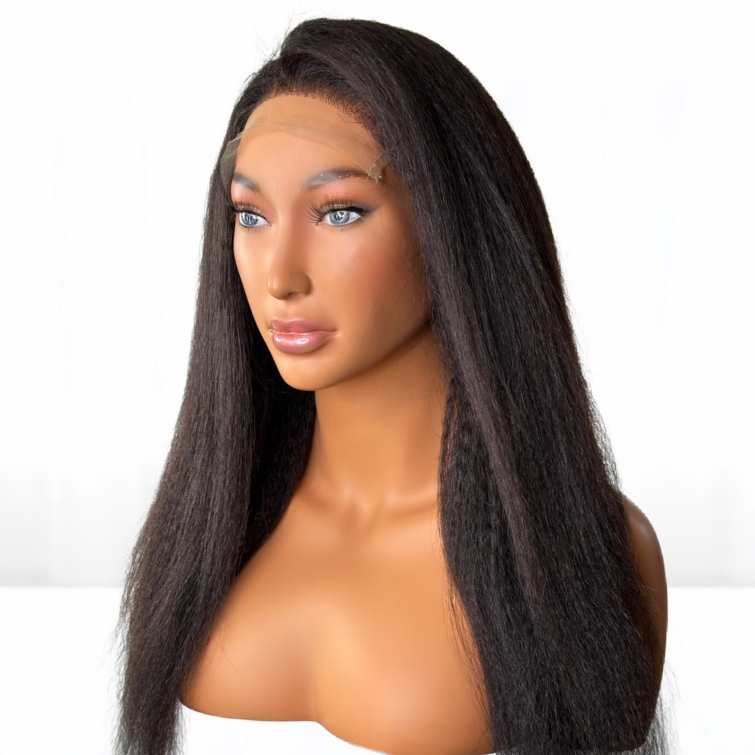 Thick KinkyStraight Textured Fit 'n' Go glue-less wig of 150% density. 7x7 HD Lace top. Free parting hair. Available in length 18-inch. Hair color #1B natural black. Mimics textured hair that’s been blowed out. Hair can be colored. Great wigs for African American black woman featured in mane addicts sold at SL Raw Virgin Hair