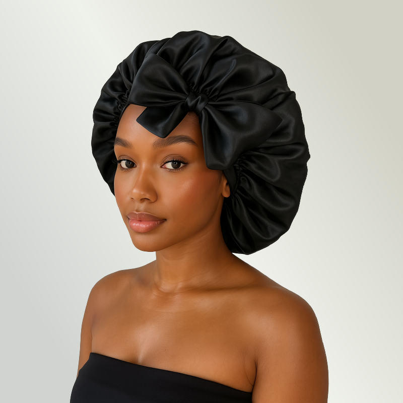 Woman wearing a black satin head wrap against a plain background