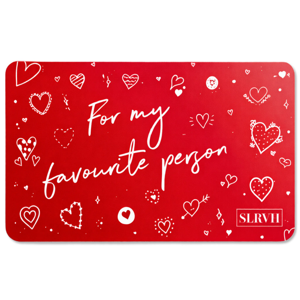 Red Valentine's gift card with 'For my favourite person' text and heart designs