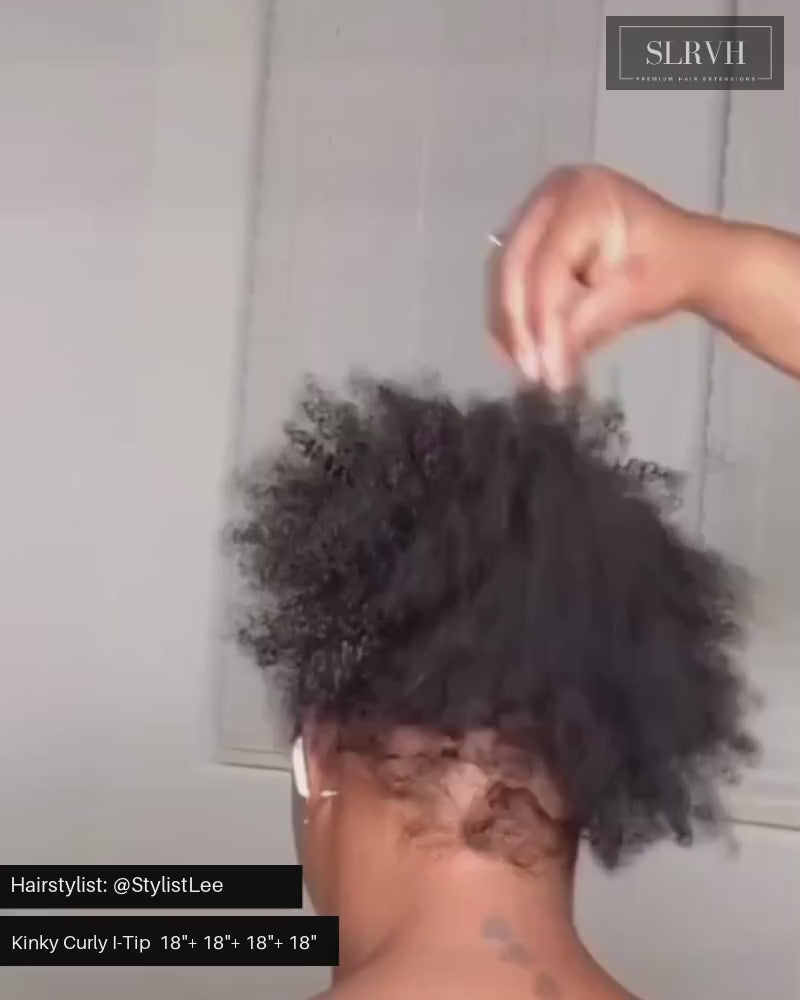 Essence Beauty Award Winning Curly I-tip hair Extensions . Displayed is SL RAW Keratin I-tip Kinky Curly i-tips. Watch video of natural hair 4A-4B curl type get Kinky Curly I-tip micro link hair extensions installed. 200 i-tip links was install to allow a full natural hair movement. Hair is being comb/brushed while wet. This hair is beautiful soft and natural looking. Hair sold at SL Raw Virgin Hair