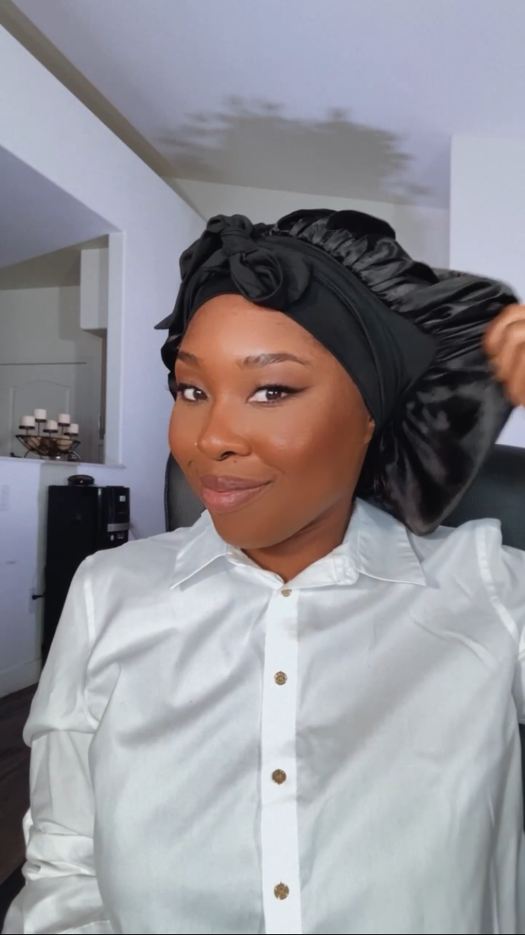 How to video on how to apply on SLRVH SL Raw No-Slip Satin Hair Bonnet. Sturdy all night wear. Easy night time routine for women