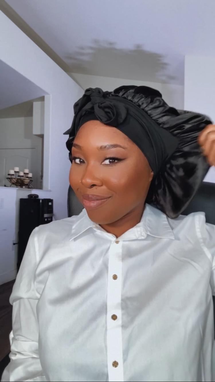 How to video on how to apply on SL Raw No-Slip Satin Hair Bonnet. Sturdy all night wear. Easy night time routine for women