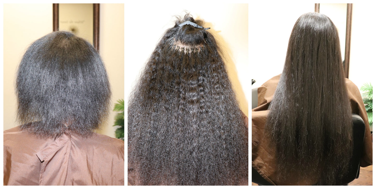 Before and after micro-link install using 26" SL Raw Lao Curly i-tip links on natural hair 3b-3c curl hair type. 200 hair links used. SL Raw Virgin Hair