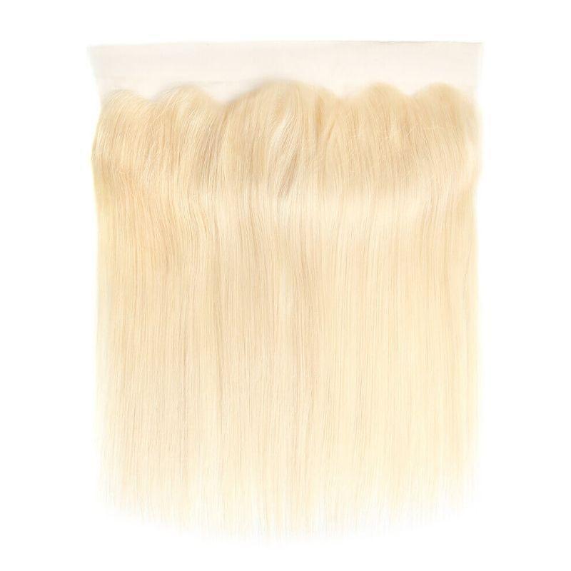 Russian straight blonde frontal in hair color #613. Hair lengths from 16”-20” inch. 13" x 4" Lace Frontal . Transparent lace for parting. High-quality blonde straight hair frontal is ideal for any sew-in requiring a full volume effect.
