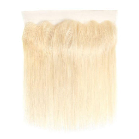 Russian straight blonde frontal in hair color #613. Hair lengths from 16”-20” inch. 13" x 4" Lace Frontal . Transparent lace for parting. High-quality blonde straight hair frontal is ideal for any sew-in requiring a full volume effect.