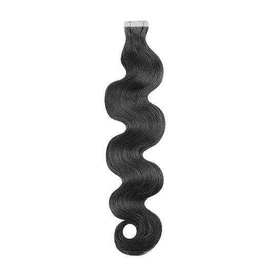 Image of Raw Indian Wavy Tape-in hair extensions. Sold in 40pcs. Recommended 80pcs for a full head. Color natural black #1b. Hair can be colored.