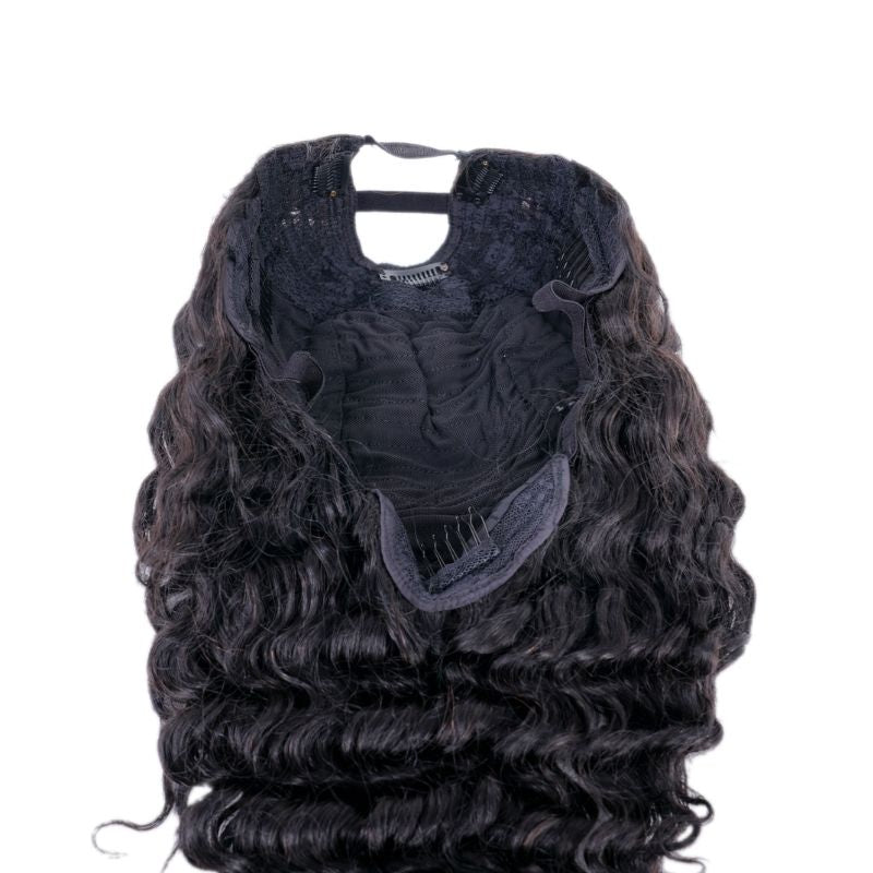 SLRVH inside U-part wig can be installed either by clipping it on or by sewing method. Hair: Natural 1B Human Hair Style: Deep Wave Wig: U-Part Density: 130% Coloring: Can lift to #27 Length: 10″- 22″