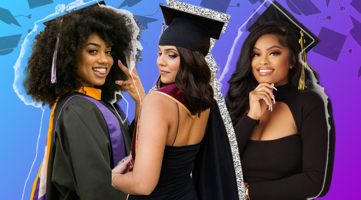 Three women in graduation caps and gowns wearing different graduation hairstyles