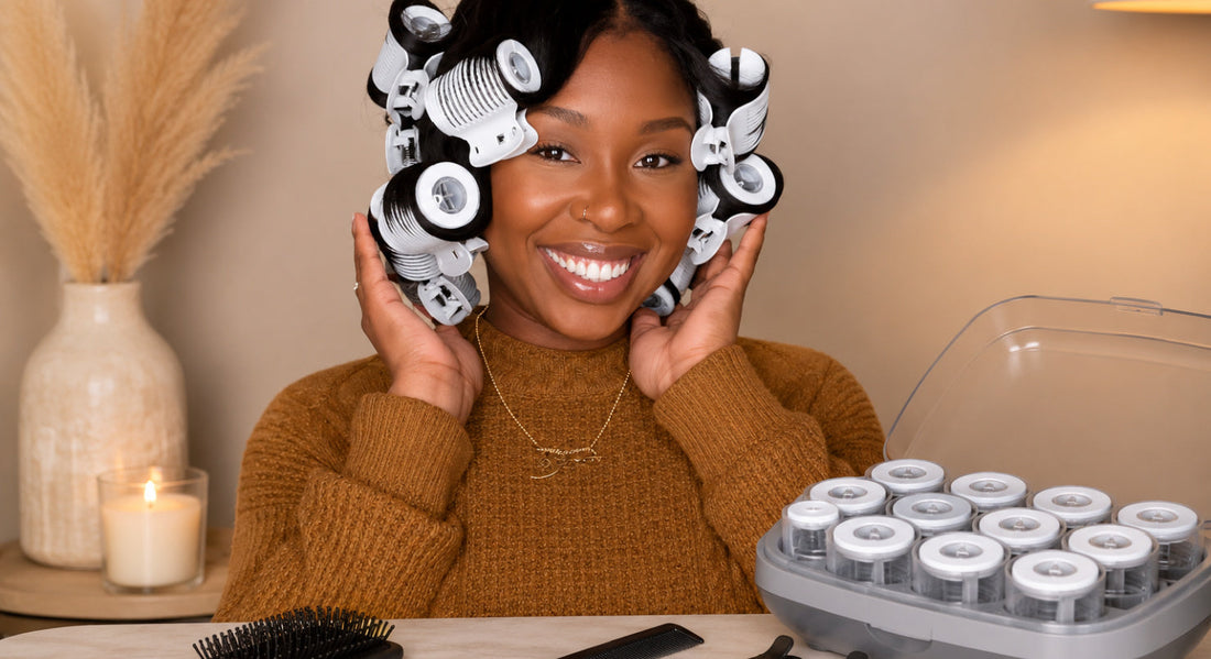 Woman using hot rollers to style long human hair extensions
