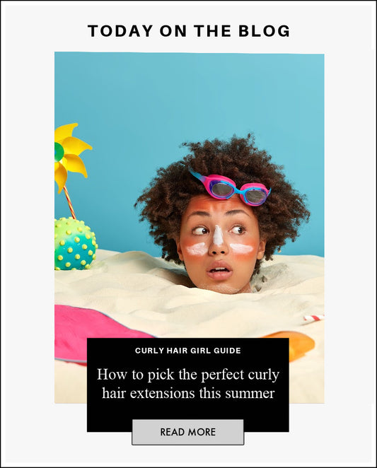 Young woman with curly hair trapped at the beach. Hair Guide on choosing curly hair extensions for Summer