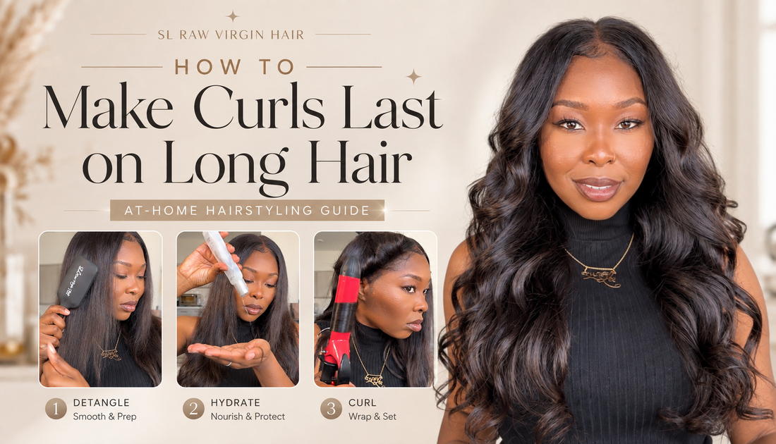 Woman styling long Natural Wavy hair extensions into soft bouncy curls at home with a hair extension brush, serum, and curling iron.