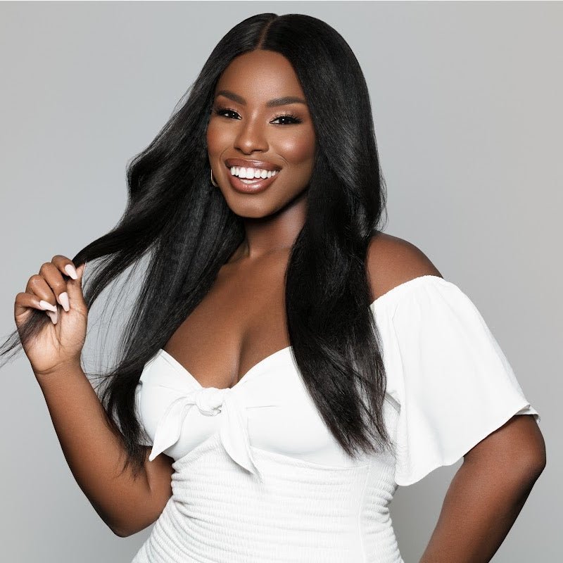 Beautiful Black Hair modeling wearing Kinky Straight Textured Blow-Out Hair Extensions - SL Raw Virgin Hair 