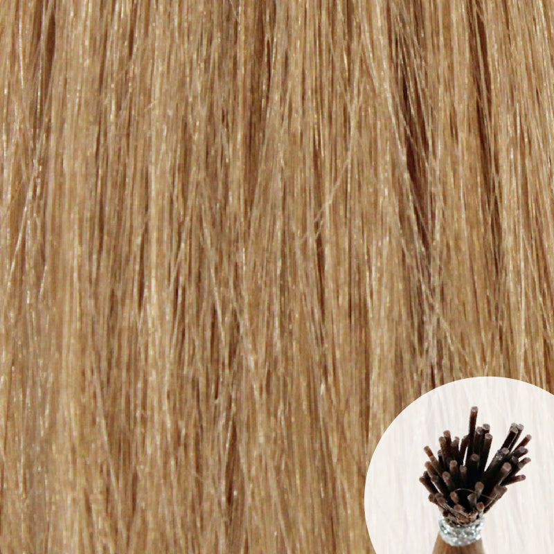 Light brown to golden brown seamless I-tip hair extensions with a circular inset showing an up-close bundle of the i-tip hair strands on a white background.
