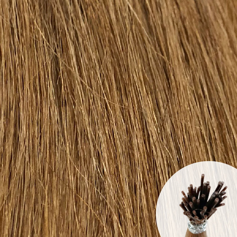 Light pepper brownish blonde seamless I-tip hair extensions with a circular inset showing an up-close bundle of the i-tip hair strands on a white background.