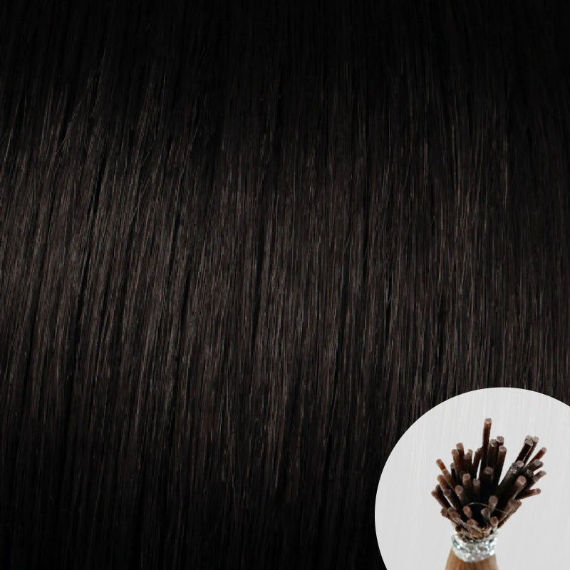 Natural black seamless I-tip hair extensions with a circular inset showing an up-close bundle of the i-tip hair strands on a white background.
