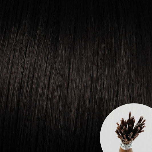 Natural black seamless I-tip hair extensions with a circular inset showing an up-close bundle of the i-tip hair strands on a white background.