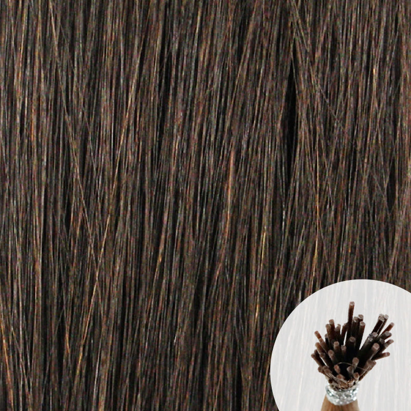 Dark brown seamless I-tip hair extensions with a circular inset showing an up-close bundle of the i-tip hair strands on a white background.