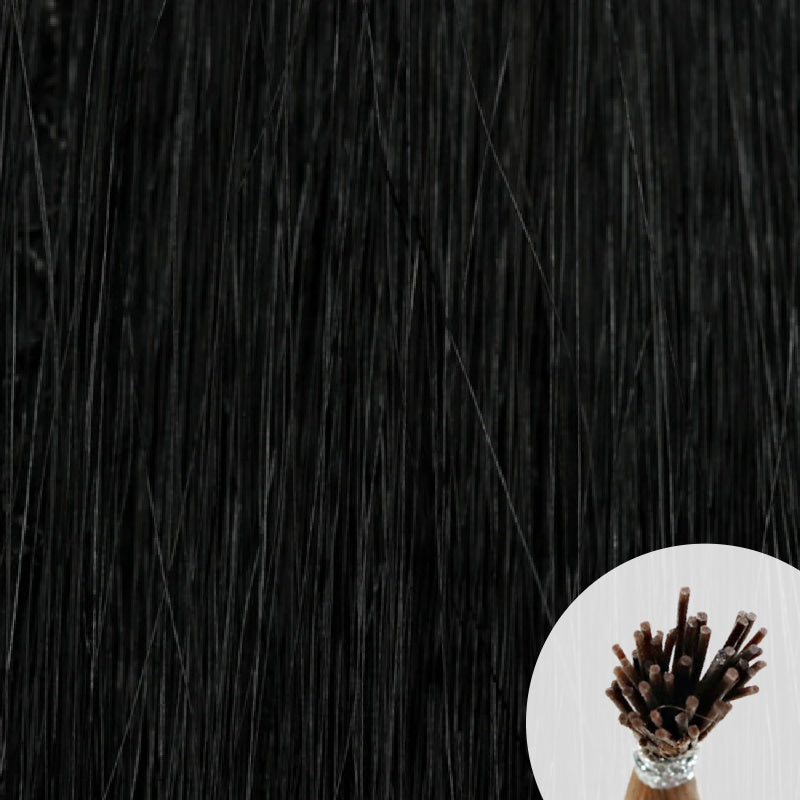 Rich jet black seamless I-tip hair extensions with a circular inset showing an up-close bundle of the i-tip hair strands on a white background.