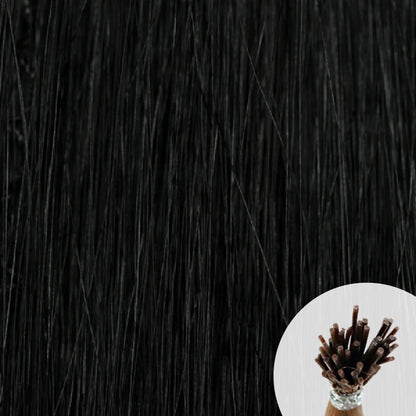 Rich jet black seamless I-tip hair extensions with a circular inset showing an up-close bundle of the i-tip hair strands on a white background.