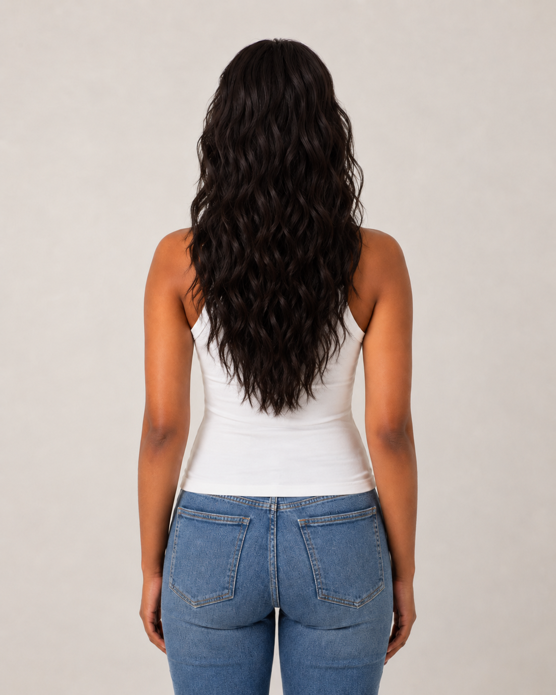 Back view illustrating the visual length of wavy hair texture