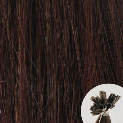 Close-up of dark brown reddish straight hair extensions with a small circular inset showing the K-Tip bundle attachment tip.