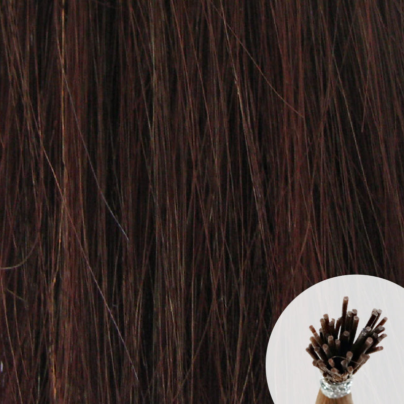 Dark brown with reddish tone seamless I-tip hair extensions with a circular inset showing an up-close bundle of the i-tip hair strands on a white background.