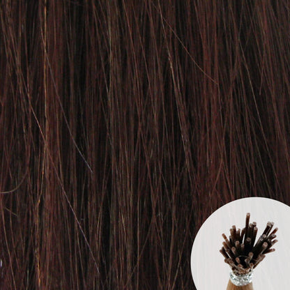 Dark brown with reddish tone seamless I-tip hair extensions with a circular inset showing an up-close bundle of the i-tip hair strands on a white background.