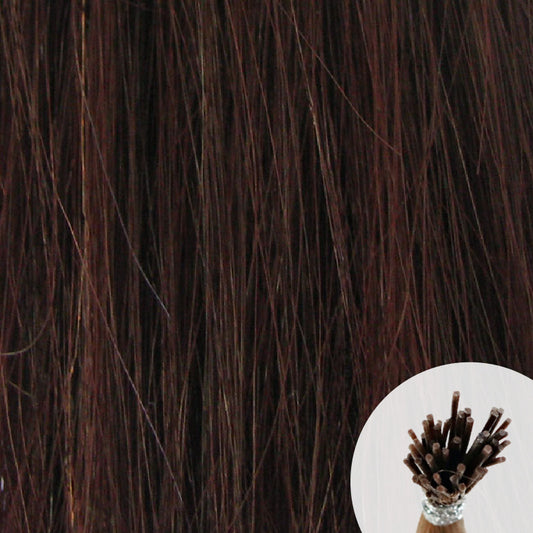 Dark brown with reddish tone seamless I-tip hair extensions with a circular inset showing an up-close bundle of the i-tip hair strands on a white background.