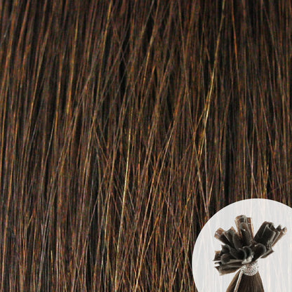 Close-up of medium brown straight hair extensions with a small circular inset showing the K-Tip bundle attachment tip.