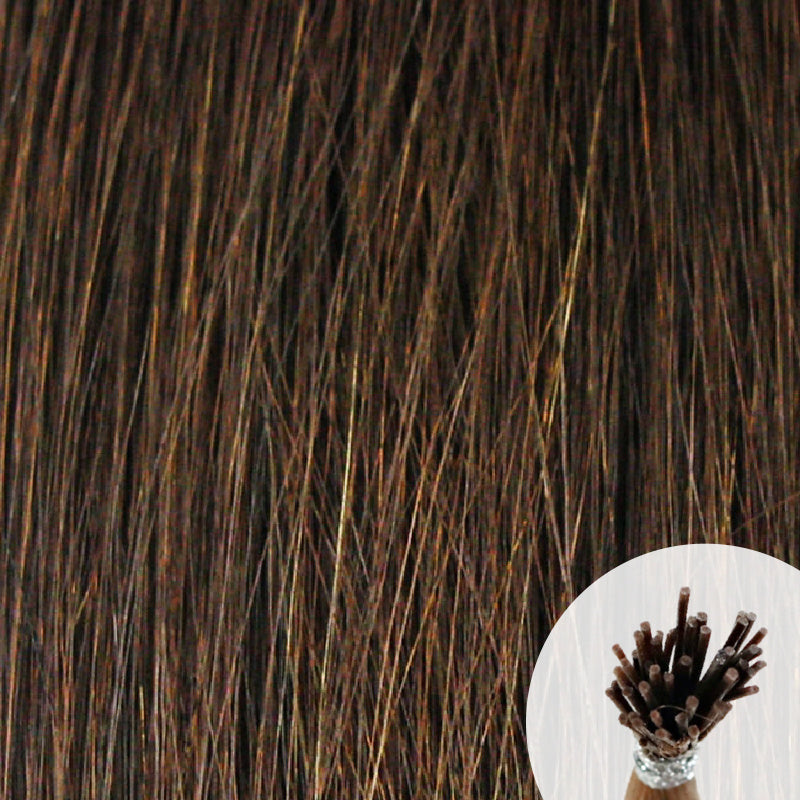 Dark medium brown seamless I-tip hair extensions with a circular inset showing an up-close bundle of the i-tip hair strands on a white background.
