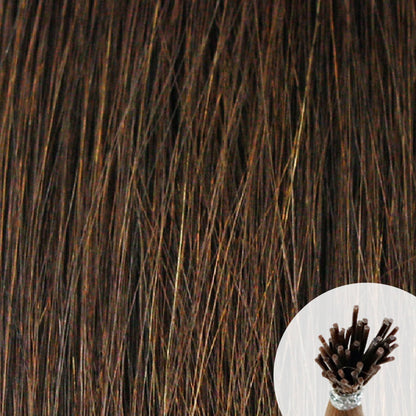 Dark medium brown seamless I-tip hair extensions with a circular inset showing an up-close bundle of the i-tip hair strands on a white background.